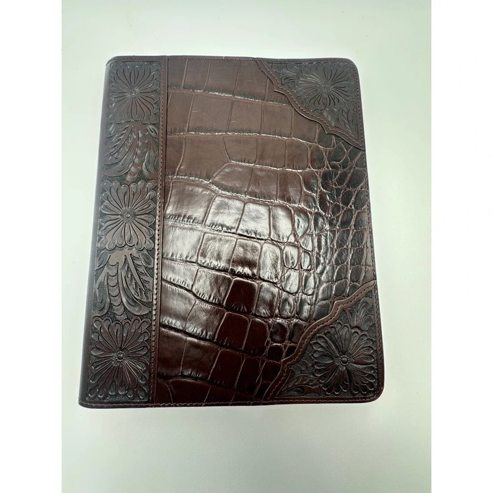3-D Belt Co Dark Brown Leather Tooled Floral Croc Embossed Tablet Case G214 NEW